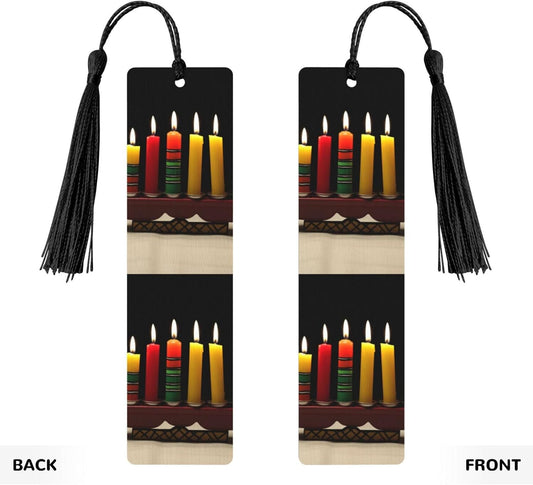 Kwanzaa Candles Wooden Bookmarks Handmade Double-Sided Printed Book Marks Page Markers with Black Tassels Book Accessories Gift for Book Lovers Women Men