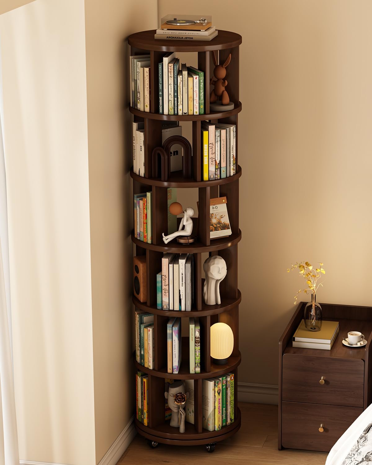 Saifu 6 Tier Wood Rotating Bookshelf on Wheels,Round Revolving Bookcase,360° Spinning Book Shelf Tower,Rolling Bookshelves for Small Space, Corner, Bedroom, Kids Room,Office, Walnut
