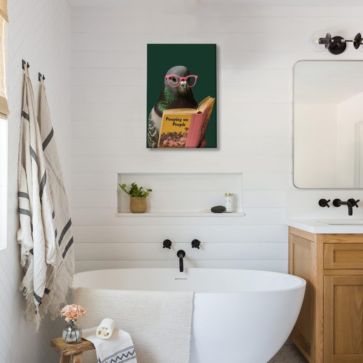 Funny Bathroom Wall Art Quirky Pigeon Reading Pooping on People Poster Trendy Bathroom Humor Painting Canvas Print Retro Bird Animal Green Wall Decor For Home Toile Restroom 16x24inch Unframed