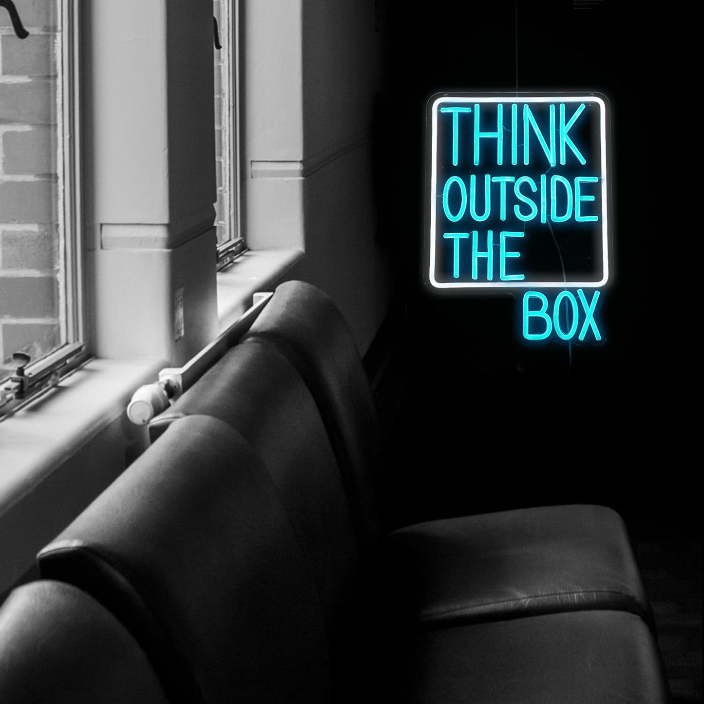 Think Outside The Box Neon Sign Dimmable USB Words Neon Light for Wall Decor Led Think Light Up Sign for Study Room Classroom Library Meeting Room Bedroom (Ice Blue White 16.1 * 11.8In)