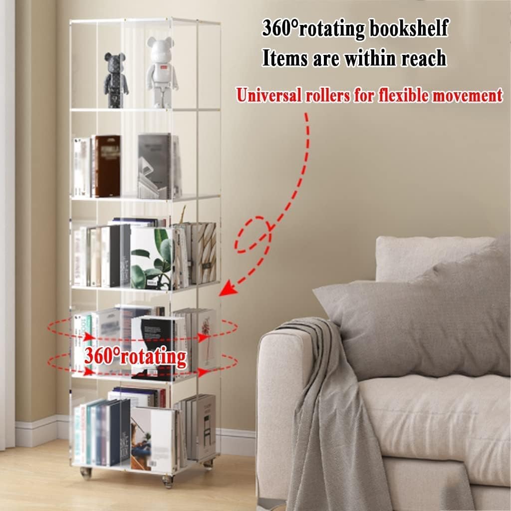 360° Rotating Bookshelf W/Wheels Clear Acrylic Narrow Bookcase Movable Modern Book Storage Organizer for Living Room Bedroom Display Shelf ()
