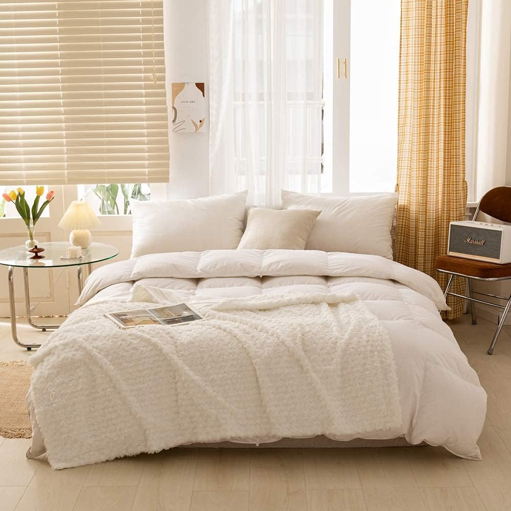 Simple&Opulence Plush Fluffy Throw Blanket Tridimensional Rose Pattern Soft Warm Microfiber Cozy Chic Shaggy Reversible Coverlet for Girls Home Décor Couch, 102"x 88" (King, White)