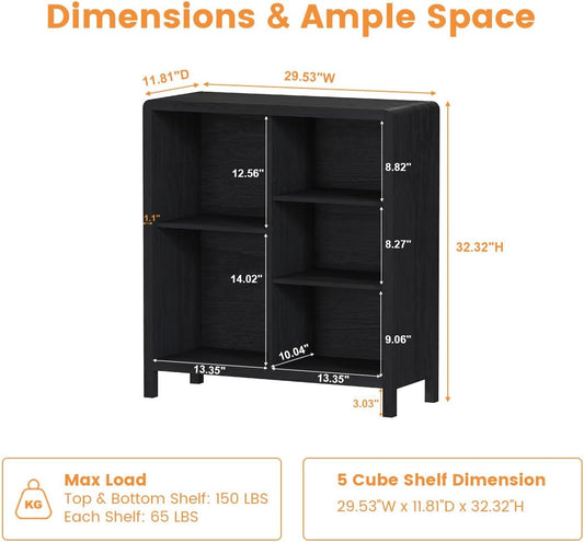 FATORRI 5 Cube Bookshelf, Wood Bookcase with 3 Adjustable Shelves, Farmhouse Cube Storage Organizer Shelf for Small Space Bedroom Living Room (Black)