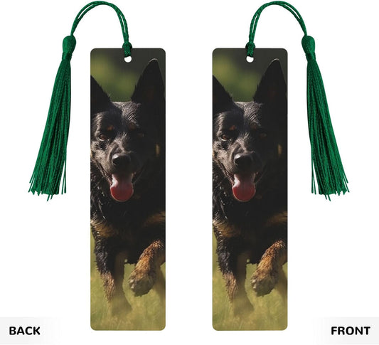 Running Black Dog Bookmarks Gifts for Women Men, Wooden Bookmarks for Book Lovers, Vintage Book Marks Ornaments with Tassel, Unique Personalized Reading Page Markers Dark Green