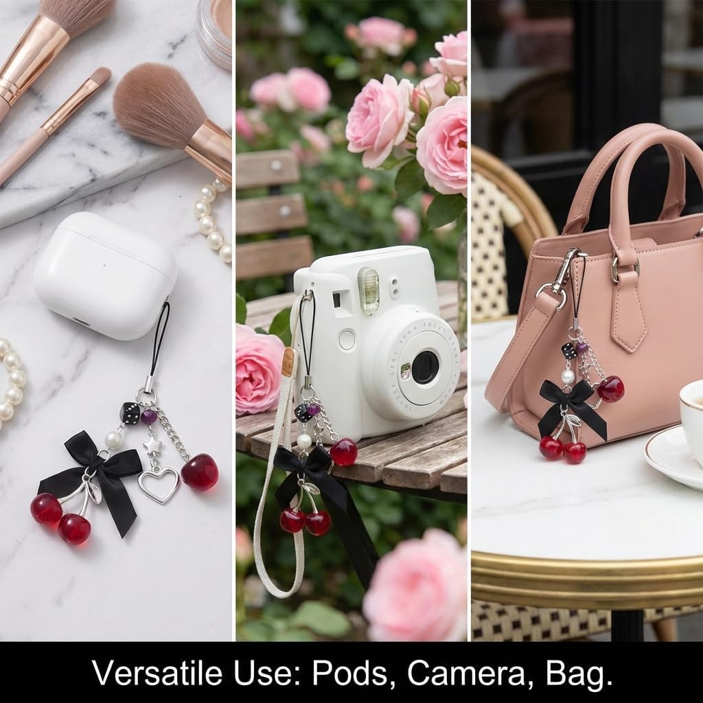 Phone Charms Strap Cute Cherry CellPhone Straps Aesthetic Pink Red Black BlueCherry Phone Chain for Camera Keychain Bag Pendant Decor Gift