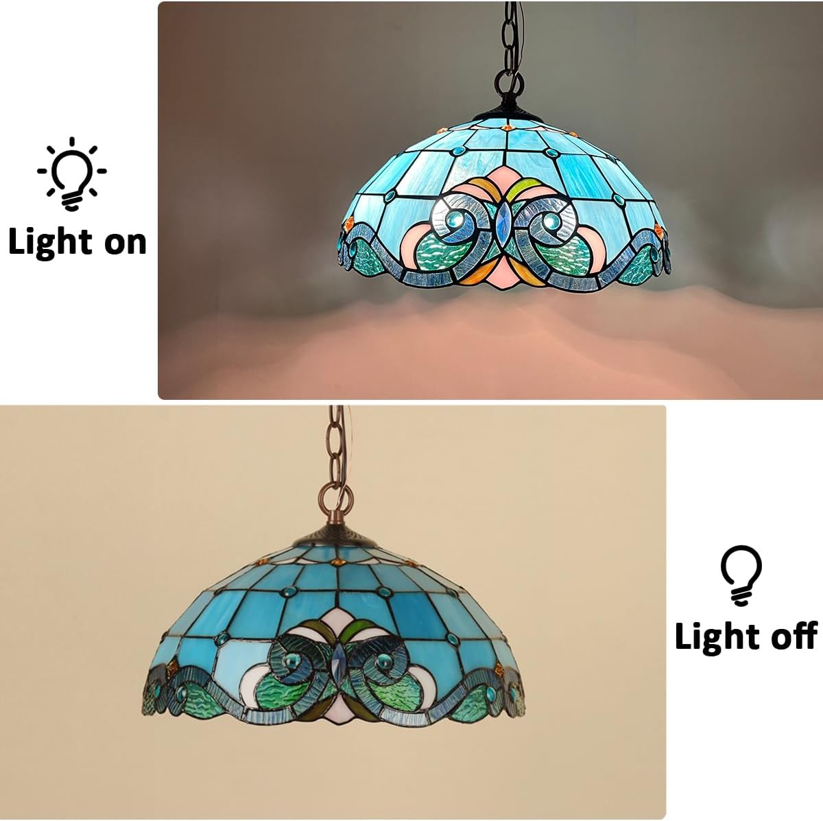 Tiffany Style Pendant Light Fixture 16" Stained Glass Hanging Lamp with Metal Chain for Dining Room Kitchen Bedroom - E26 Base 2 Lights