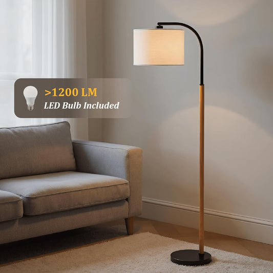 66” Brown Black Arc Floor Lamps for Living Room, 1200 Lumens 3-Level Brightness Wood Floor Lamp for Bedroom, Vintage Mid Century Black Standing Lamp, Adjustable Lampshade, LED Bulb Included