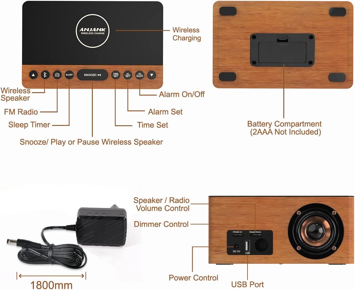 ANJANK Wooden Bluetooth Speaker, Alarm Clock with FM Radio, Qi Certified Fast Wireless Charging Station for iPhone/Samsung, USB Charger Port, Dimmable Display, Digital Wood Clock for Bedroom, Bedside