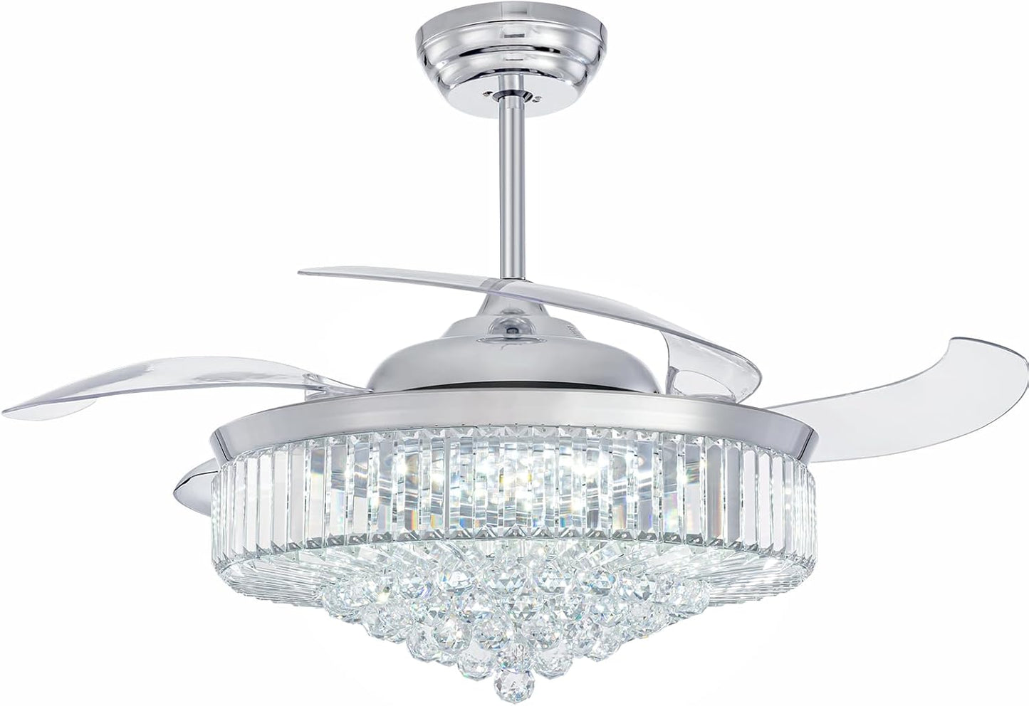 52 Inch Fandelier Ceiling Fan with Lights and Remote, Dimmable Crystal Chandelier Fan, LED Crystal Fan Light Kit for Dining Room Bedroom-Chrome