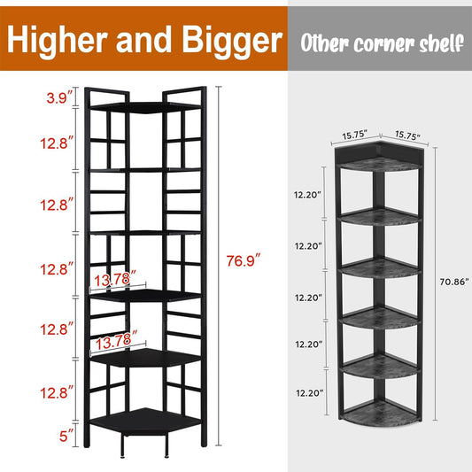 HOMISSUE Corner Shelf, 6 Tier Tall Narrow Bookshelf 76.9", Industrial Corner Bookcase with Storage for Home Office Living Room and Bedroom, Black