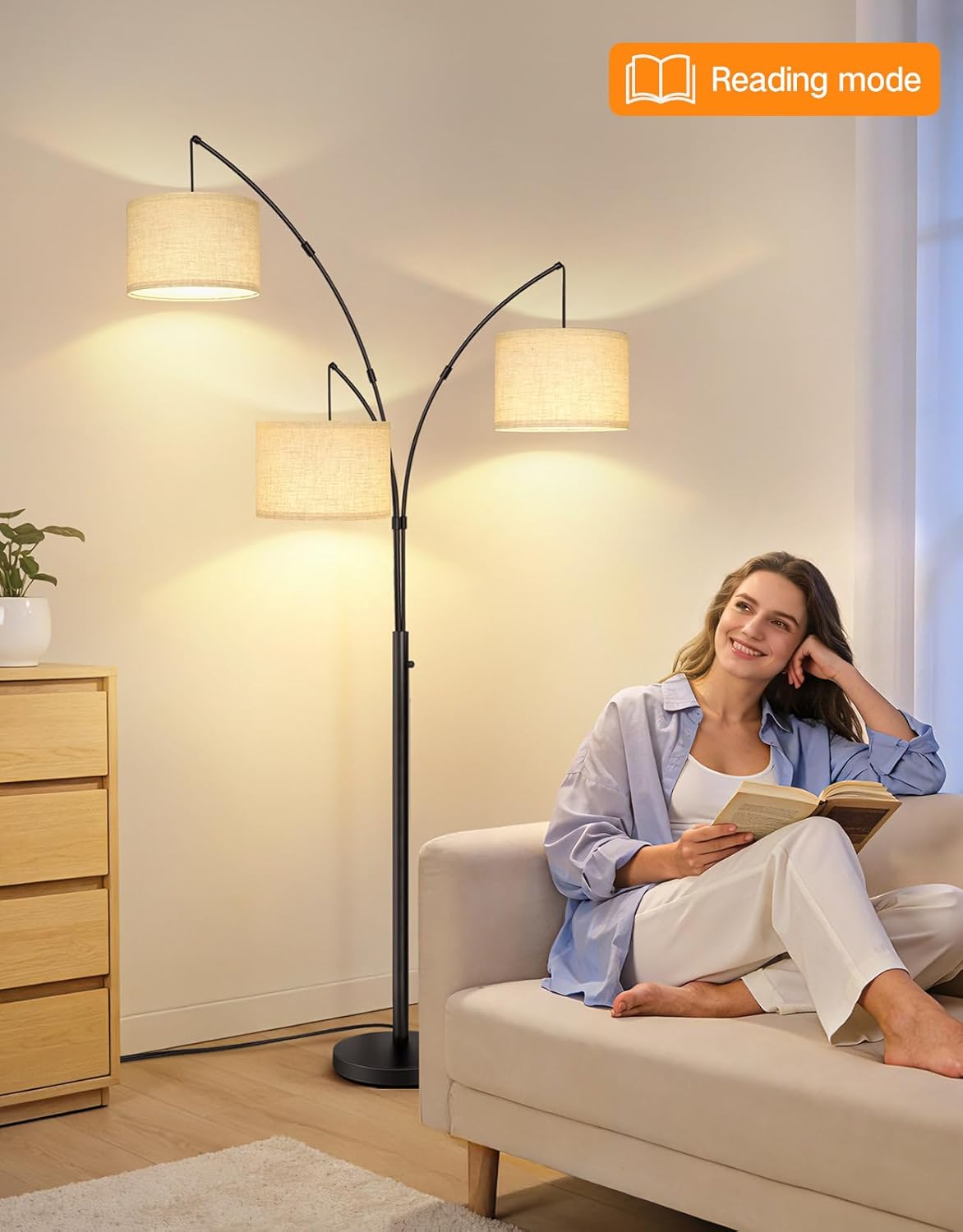 OUTON Arc Led Floor Lamp, Modern 3 Light Arched Tall Floor Lamps for Living Room, Mid Century Adjustable Standing Corner Lamps for Bedroom Office, 3 LED Bulbs Included, Beige Lampshade