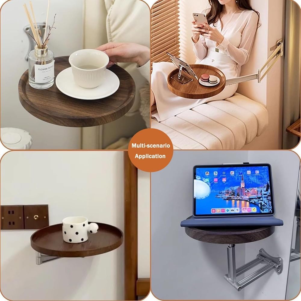 Wall-Mounted Folding Round Table - Space-Saving Wooden Coffee Table & Retractable Tray for Living Room, Bedroom, Balcony - Modern Floating Side Table & Study Shelf