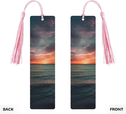 Over The Ocean Bookmarks Gifts for Women Men, Wooden Bookmarks for Book Lovers, Vintage Book Marks Ornaments with Tassel, Unique Personalized Reading Page Markers Pink