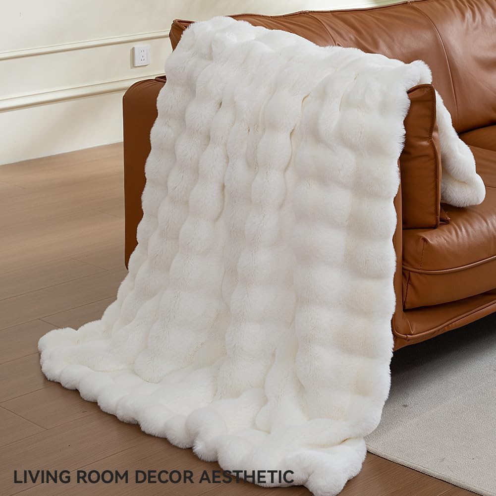 Soft Faux Rabbit Fur Throw Blanket Luxury Super Comfy Double Sided Ultra Cozy Thick Warm Fluffy Blanket for Couch Chair Sofa Bed Living Room Camping, Plush Fuzzy Bubble Blanket, 970 GSM, 50''x60''