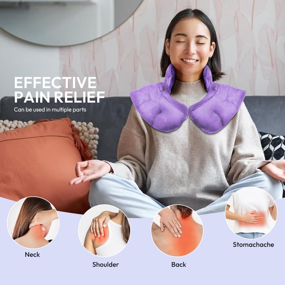 Microwavable Heating Pad for Neck and Shoulders, Weighted Microwave Moist Neck Wrap for Pain Relief Sore Muscle Stress Tension, Heated Wrap with Aromatherapy, Hot & Cold Compress, Purple