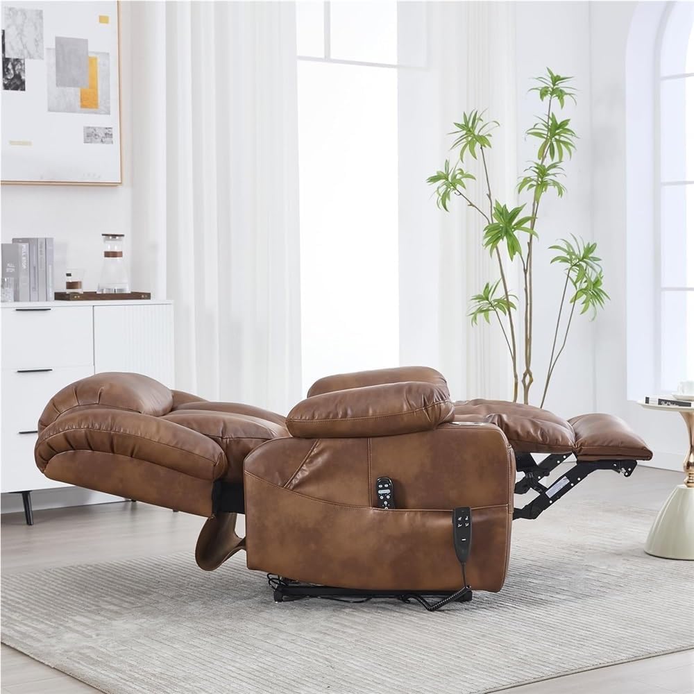 Dual Motor Power Lift Recliner Chair for Elderly and Seniors with Heat Massage and Lay Flat Function Breathable Brown Leather Reclining Sofa with Cup Holders and Remotes