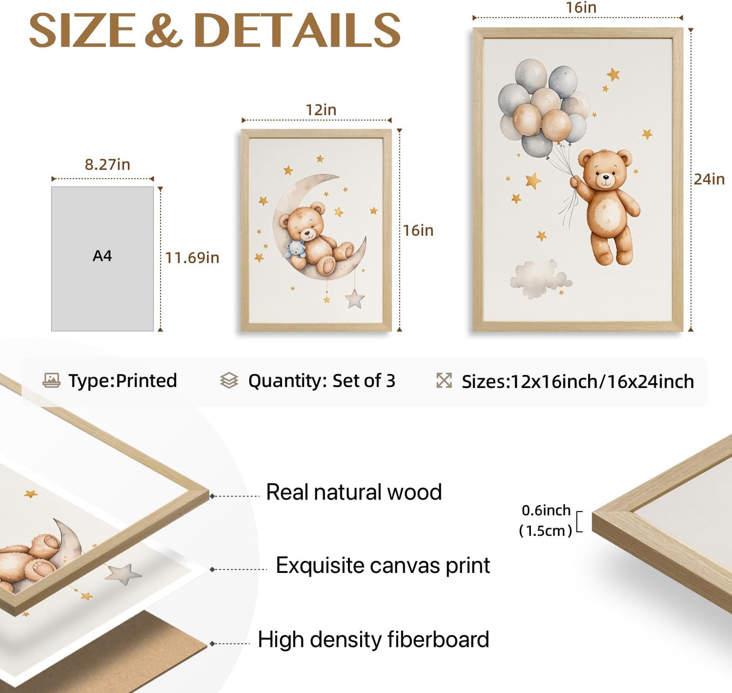EisEver Baby Nursery Wall Art Set of 3, Bear Moon Cloud Balloon Nursery Decor, Cute Teddy Bear Boys Girls Room Art Prints, Neutral Beige Kids Room Artwork for Bedroom Playroom Wood Framed 16x24 inch