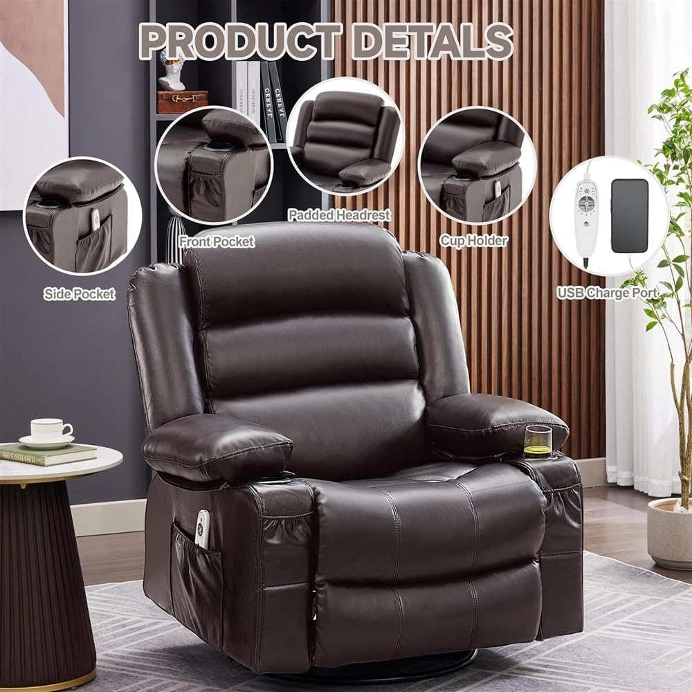 360° Swivel Rocker Recliner Chair for Adults, Oversized Ergonomic Power Reclining Sofa with 2 Cup Holders & USB Ports, Leather Lounge Chair for Home Theater, Brown