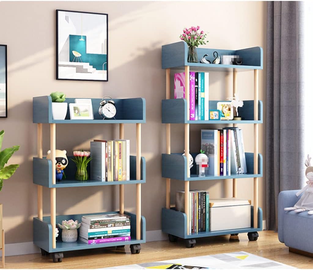 Modern Wooden Bookcase with Universal Wheels - Free Standing Multifunctional Open Bookshelf & Storage Organizer for Home Office, Living Room, and Study.