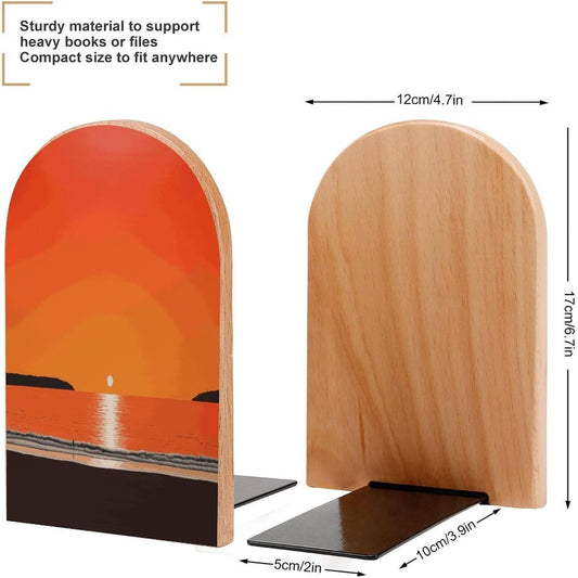 Sunset Over Water Wooden Bookend Non-Slip Book Ends Heavy Duty Book Stopper with Metal Base Books Holderd Decorative Bookends Stands Firmly for Office Supplies