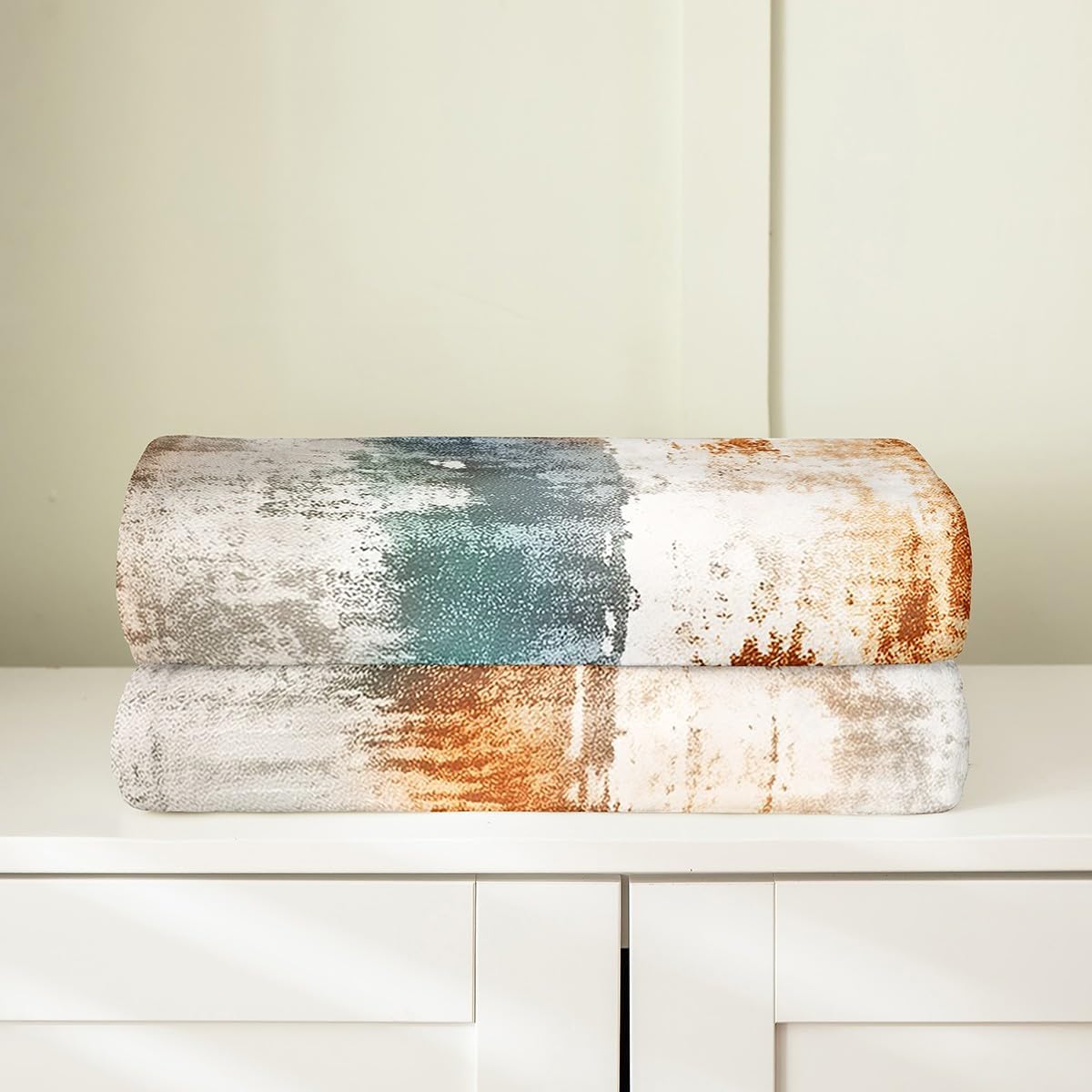 Erosebridal Modern Abstract Blanket Vintage Ombre Art Throw Blanket Queen 90x90,Minimalism Teal Orange Grunge Oil Painting Fleece Blanket,Watercolor Artwork Rustic Graffiti Decor Fuzzy Blanket