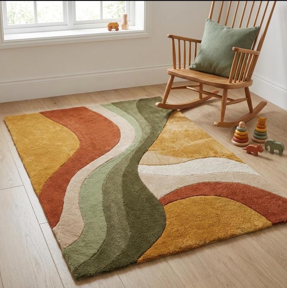Retro Wave Area Rug, Multicolor Abstract Curved Stripes, Mustard Yellow Rust Orange Olive Green Cream, Modern Bohemian Style (12 * 18 feet)