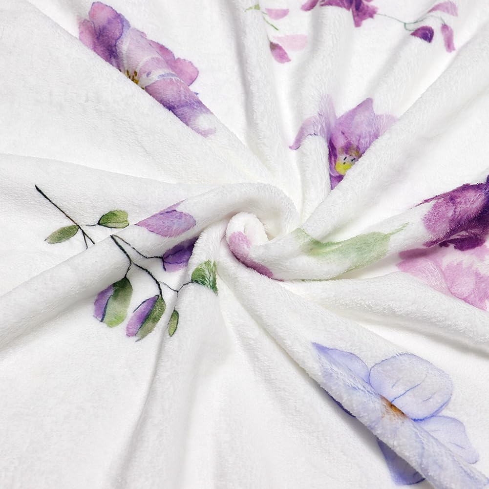 Floral Throw Blanket Purple Flowers Blanket Ultra Soft Flannel Fleece Throw Blanket Lightweight Cozy Fluffy Plush Blanket for Bed Couch Sofa 60" X 80"