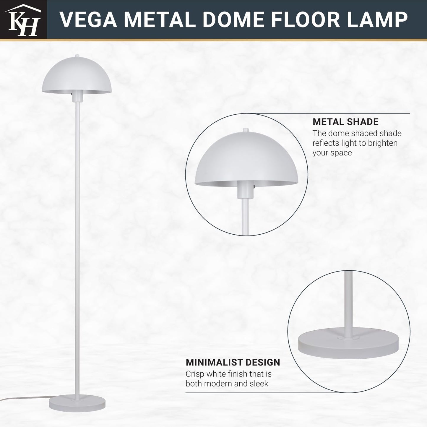 Kenroy Home Vega White Metal Dome Floor Lamp with Sleek Modern Design and Round Metal Shade for Living Rooms, Offices, and Bedrooms