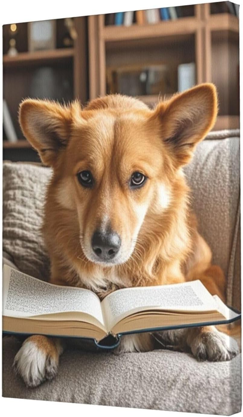 Canvas Wall Art Poster Personalized Pictures Print Reading Dog Wall Pictures Modern Art Canvas Painting Framed Artwork Aesthetic Poster for Living Room Bedroom Office Home Decor 12x18in