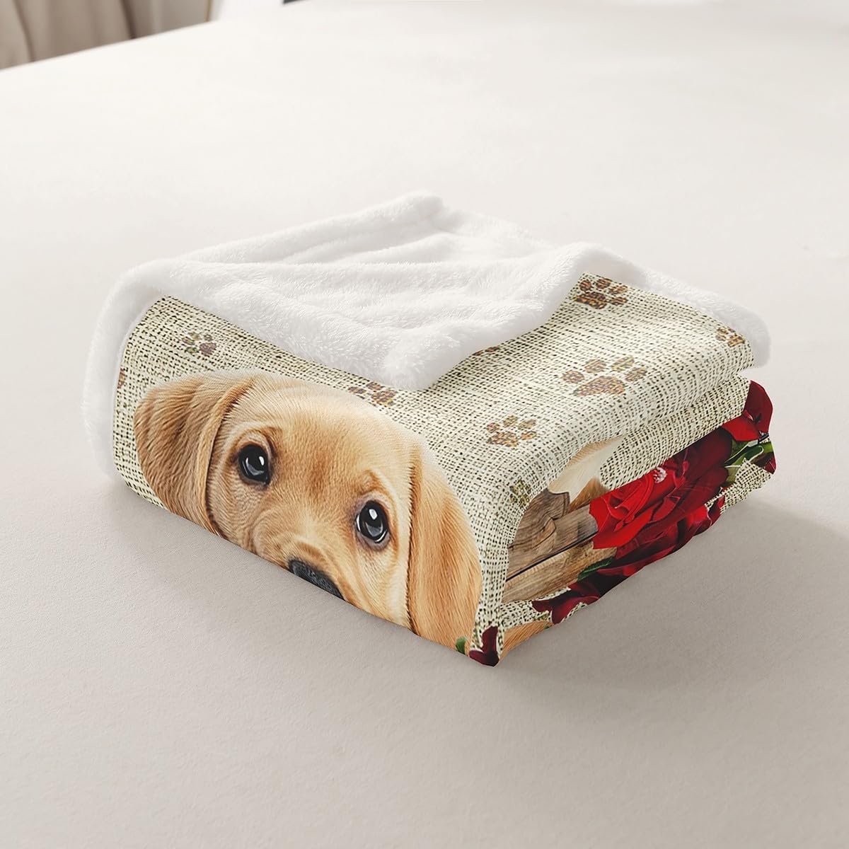 Rose Flower Puppy Bed Blanket,Kawaii Pet Dog Throw Blanket for Kids Boys Girls Home Room Decor,Floral Animal Corgi Paws Fleece Blanket,Wooden Stripes Cute Dog Fuzzy Blanket,for Chair/Sofa,90"×90"