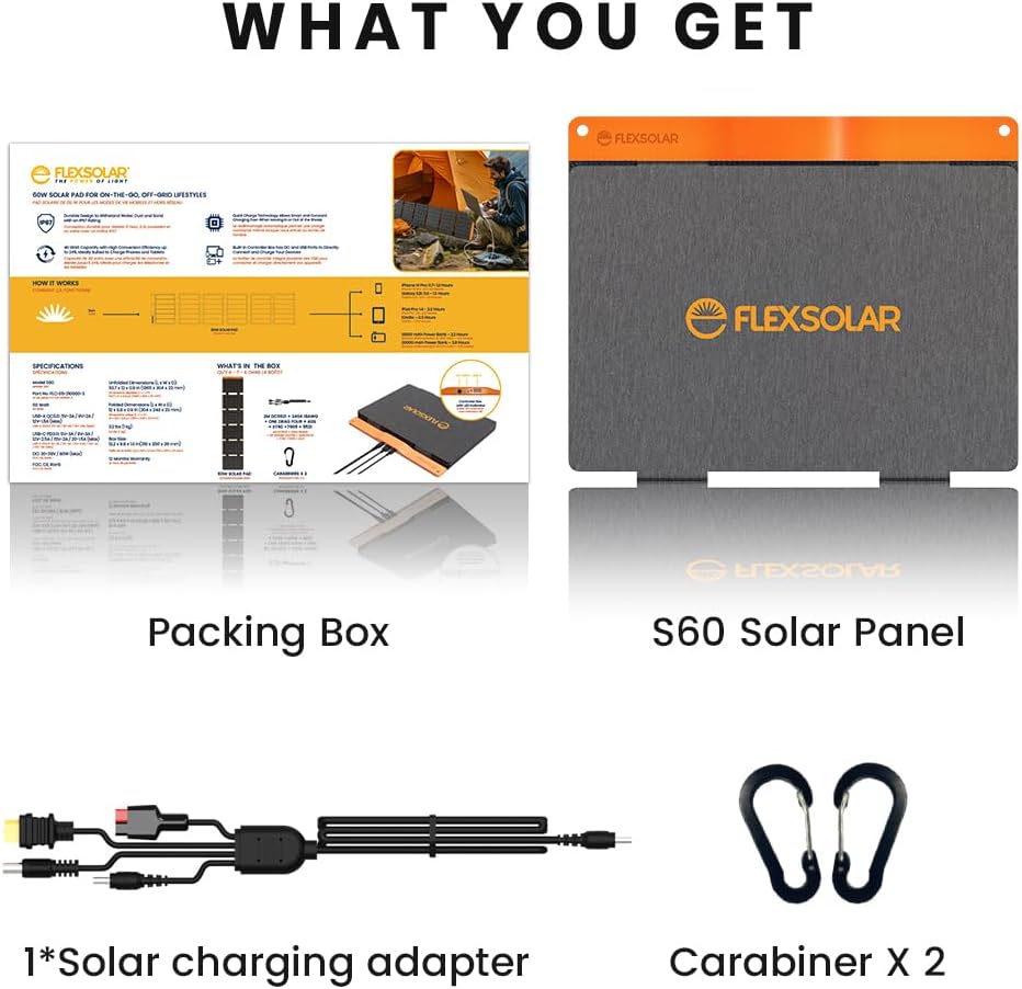 FlexSolar 60W Portable Solar Panels Chargers with PD3.0 USB-C,QC3.0 USB-A and DC Outputs Foldable IP67 Waterproof Power Emergency Camping for Small Power Station Generator,Phones, Power Banks, Tablets