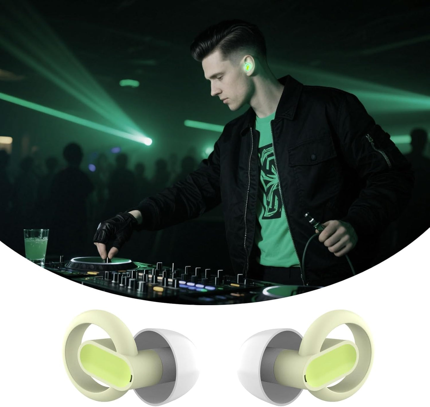 Hopihe Concert Ear Plugs, High Fidelity Afterglow Glow in Dark Noise Reduction Ear Plugs, Green Silicone Reusable Noise Cancelling EarPlugs for Concerts Work Sports Nightlife Hearing Protection - 29db