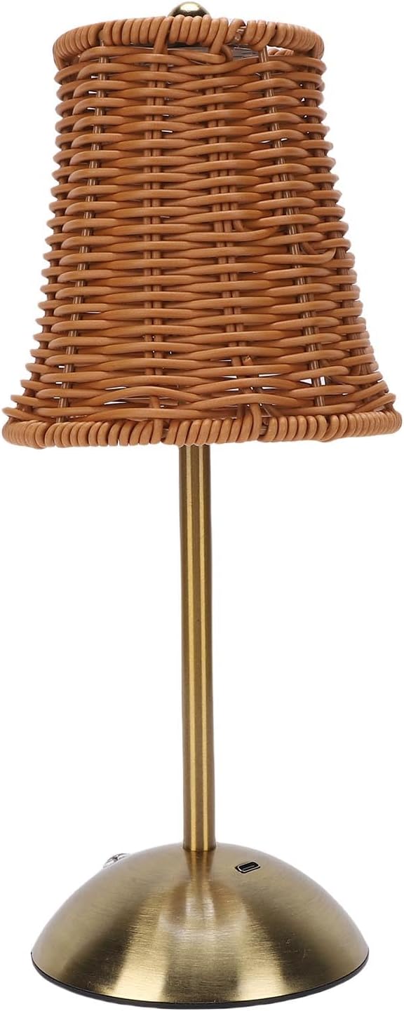 Rattan Table Lamp, Vintage Rattan LED Rechargeable Reading Light, 3 Color Temperatures Dimmable Bedside Lamp, Wicker Night Light for Bedroom, Living Room, Office (Brown Lampshade)