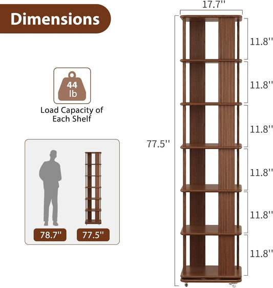 Solid Wood Rotating Bookshelf, 6-Tier Rolling Bookcase,360 Degree Revolving Bookshelf,Spinning Bookshelf Tower for Small Spaces, Bedroom,Office,Living Room,Classroom (Walnut)