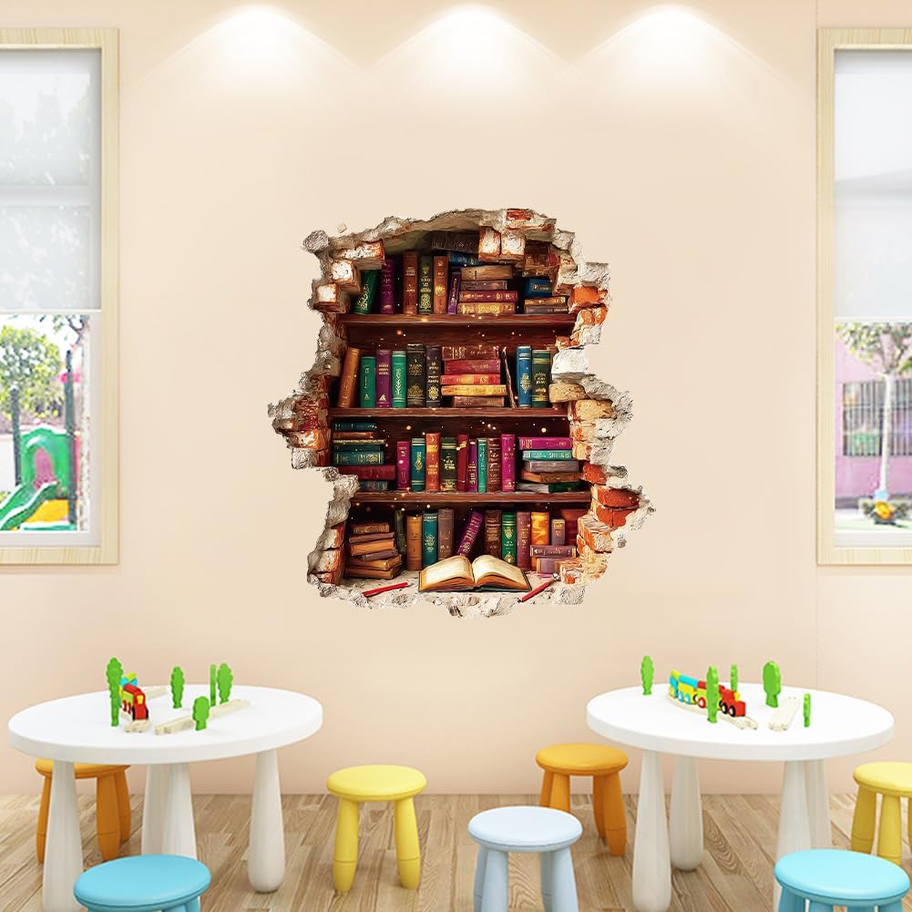 PLIGREAT Vintage Book Break Through Wall Decals, 3D Broken Wall Stickers Removable Vinly Bookshelf Mural Stickers for Reading Room Bedroom Living Room Home DIY Decor, 2 Sheets