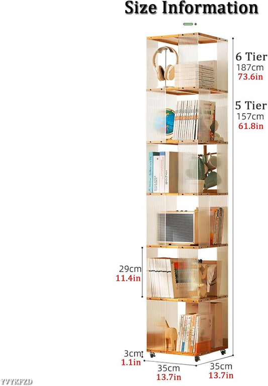 YVYKFZD Rotating Bookshelf, 5/6 Tier Revolving Bookcase, Acrylic 360° Display Storage Rack, Narrow Corner Book Shelf Organizer with Wheels, for Small Space, Study(Brown,6 Tier 13.7x13.7x73.6)