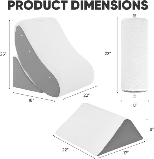4 PCS Wedge Pillow Set for After Surgery, Adjustable Bed for Sleeping, Acid Reflux Relief, Post Surgery Recovery, Back Support, Leg Elevation, Memory Foam Orthopedic Bed Wedge Pillow Set, Gery