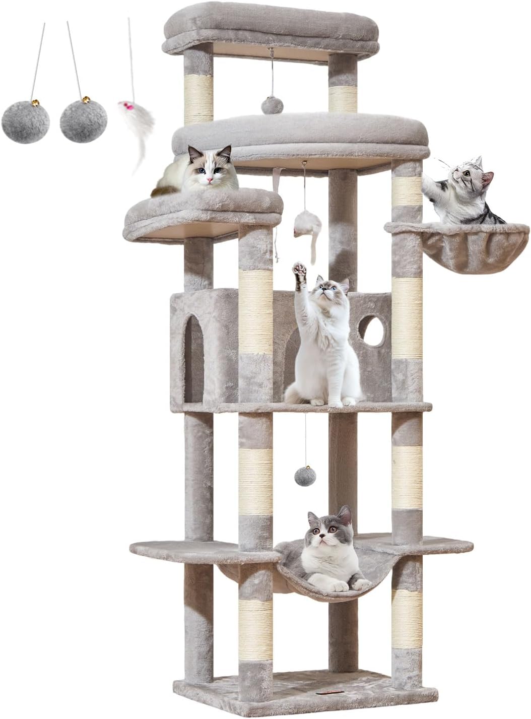 Taoqimiao 71 Inches Cat Tree for Large Cats 20lbs+, 3 Giant Perches, Multi-Level Cat Tree Tower, Widened Cat Condo with 9 Scratching Posts, Luxurious Hammcock & Basket, Light Gray, MS034W