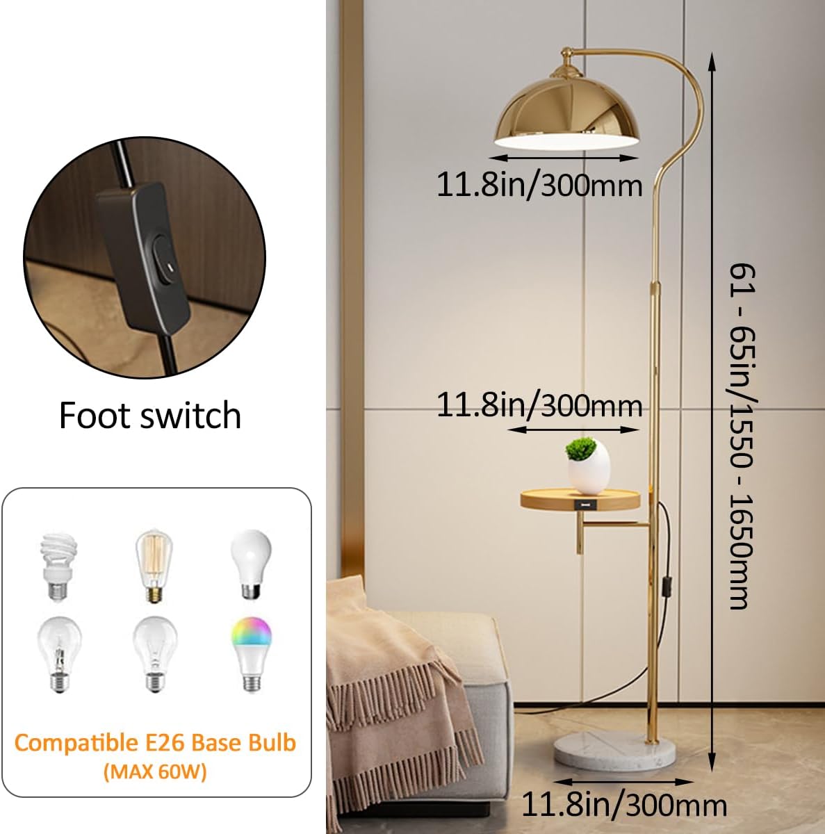 Modern Elegant with Table Floor Lamp Industrial Tall Standing Lamp Electroplated Iron Floor Lamps with Foot Switch Height Adjustable Arched Reading Light for Bedroom Office (Gold)