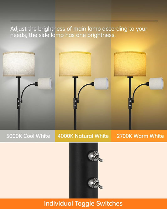 Floor Lamps for Living Room, Modern Floor Lamp with Reading Lamp, 62" Tall Standing Lamp, Beige Lampshades, Simple Pole Lamps for Bedroom/Office/Kids Room/Den(Bulbs Not Including, E26/E12 Base)