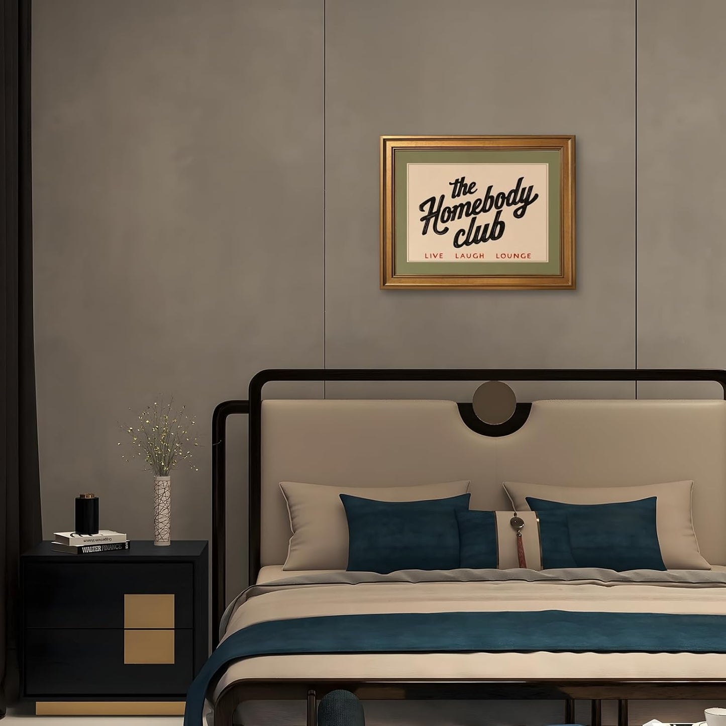 Retro The Homebody Club Canvas Wall Art Prints Funny Quotes Poster Cozy Green and Beige Aesthetic Art Posters Vintage Trendy Funky Quote Wall Decor for Bedroom 24x36inch Golden Frame