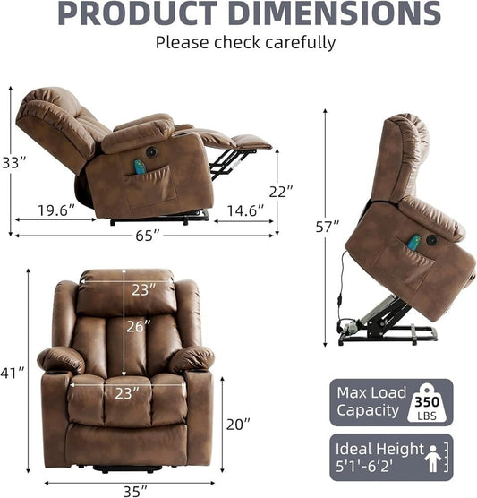 Power Lift Recliner with Heat and Massage, Electric Recliner Chair for Adults with USB Ports, Cup Holders, Side Pockets, Remote Control, Adjustable Leather Lounge Seating