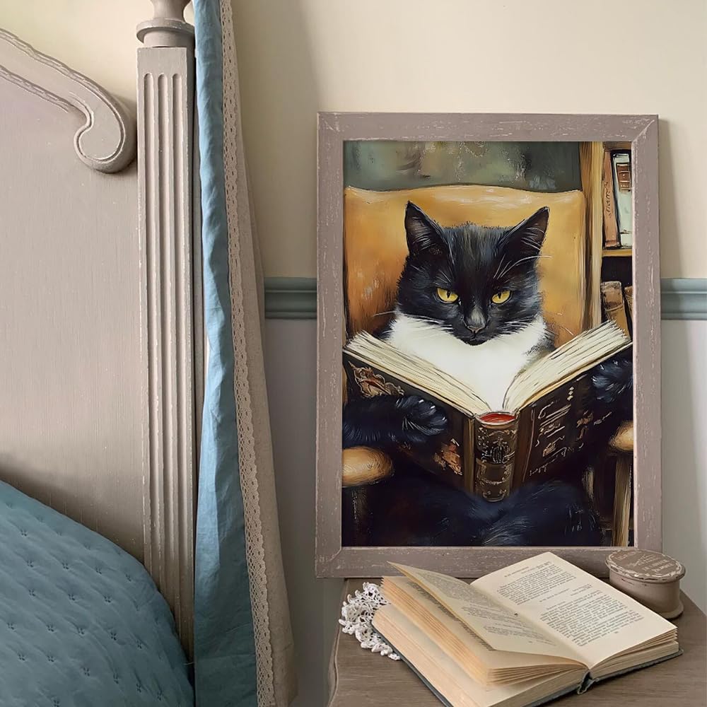 Heltrappe Funny Tuxedo Cat Reading Book Wall Art Poster Vintage black cat Painting library reading nook Book Room Dark Academia Aesthetic Kitten Art Wall Decor 08x10in Unframed