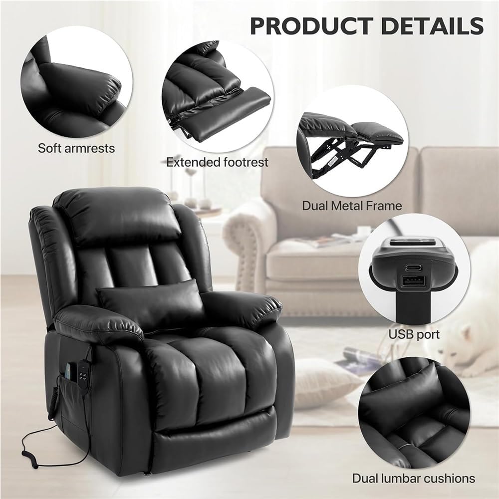 Power Lift Recliner Chair for Elderly Dual Motor Infinite Position Recline with Heat and Massage Breathable Fabric and USB Ports Remote Control Lift Chair for Living Room