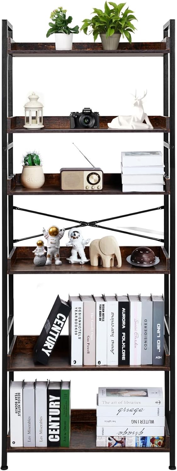 VEVOR Industrial Bookshelf, 6-Tier, Vintage Ladder Shelf Bookshelves and Bookcases, with Metal Frame, Book Organizer with Open Shelves, for Living Room, Bedroom, Kitchen, Home Office, Rustics Brown