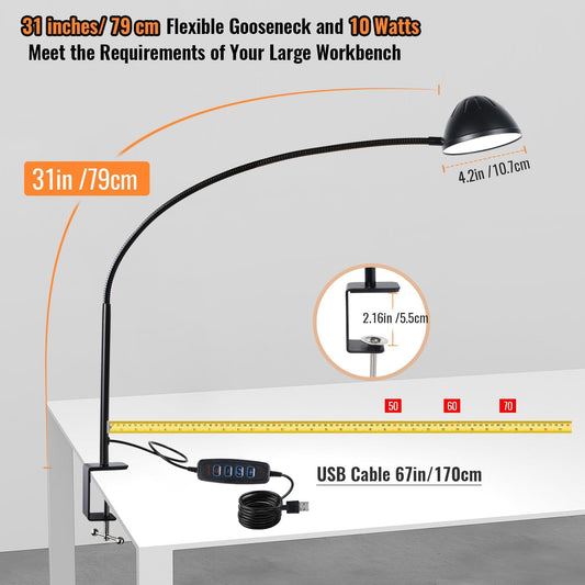 Long Gooseneck Clamp Lamp, Clip Desk Lamp with Clamp, 10W, 1100 LMS, 3 Color Modes, 10 Brightness Levels, 31 Inches Long Flaxible Gooseneck, Perfect for Craft, Reading, Home, Office
