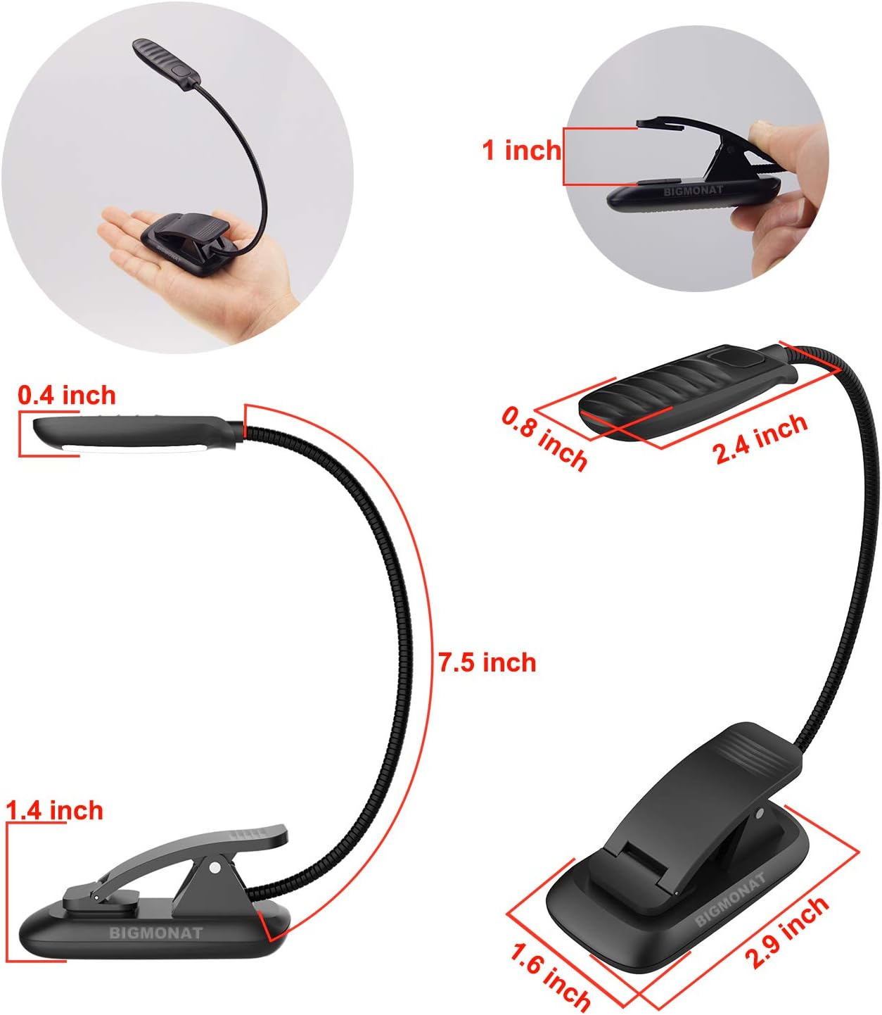 BIGMONAT Led Book Reading Light, Rechargeable Amber Book Night Light, Portable Bendable Neck, USB, Brightness Adjustable, Reduces Eye Strain, Black
