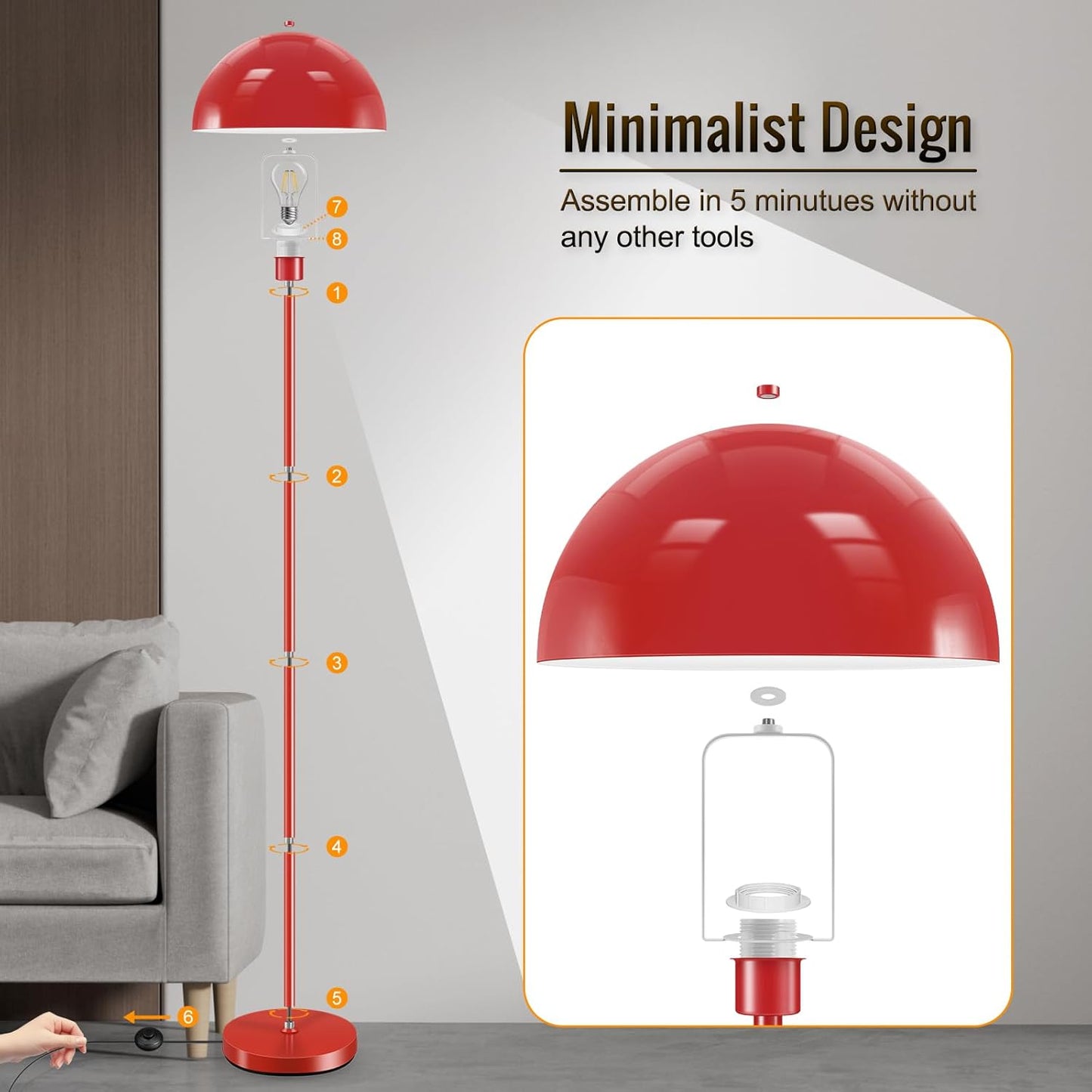 Modern Floor Lamps for Living Room, Red Metal Mushroom Lamp, 66" Tall Corner Lamp, Footswitch, Bright Industrial Standing Lamps for Bedroom Nursery, Mid Century Modern Home Decor(E26 Base, NO BULB)