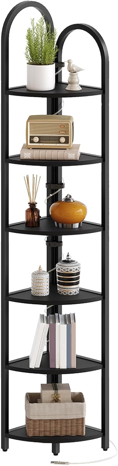 6 Tier Corner Shelf with LED Light, 74.6'' Tall Corner Bookshelf Stand, Narrow Display Bookcase with Storage Rack for Wall Corner, Living Room, Bedroom, Small Spaces, Black CSBK66101