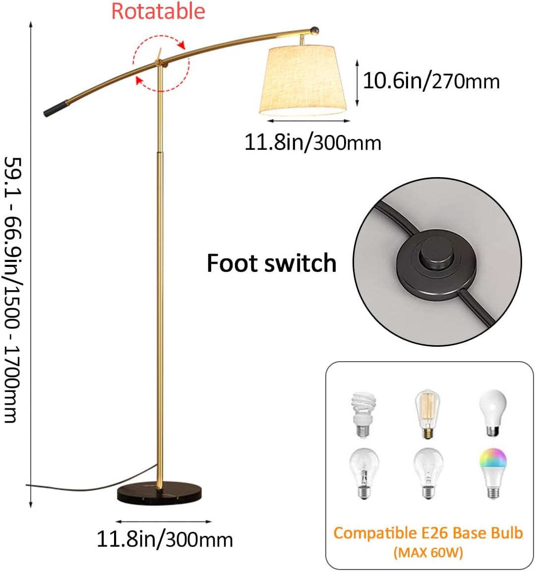 Gold Luxury Floor Lamps Adjustable Height Standing Lamp with Marble Base Floor Lamp with Linen Shade LED Warm Light 3000K Tall Standing Lamp for Reading Office Home Lighting